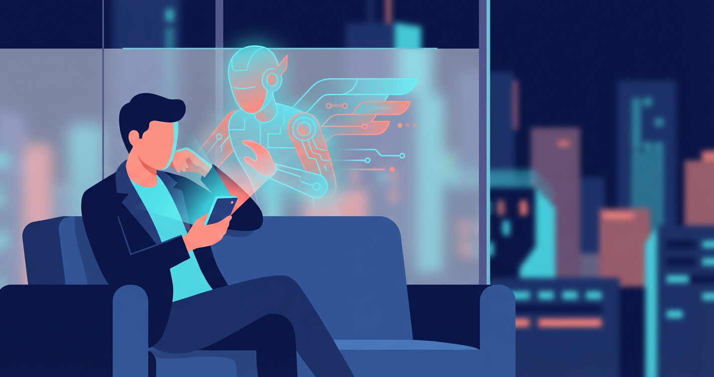 An illustration of a person sitting on a sofa late at night with a glowing smartphone, appearing thoughtful and supported....