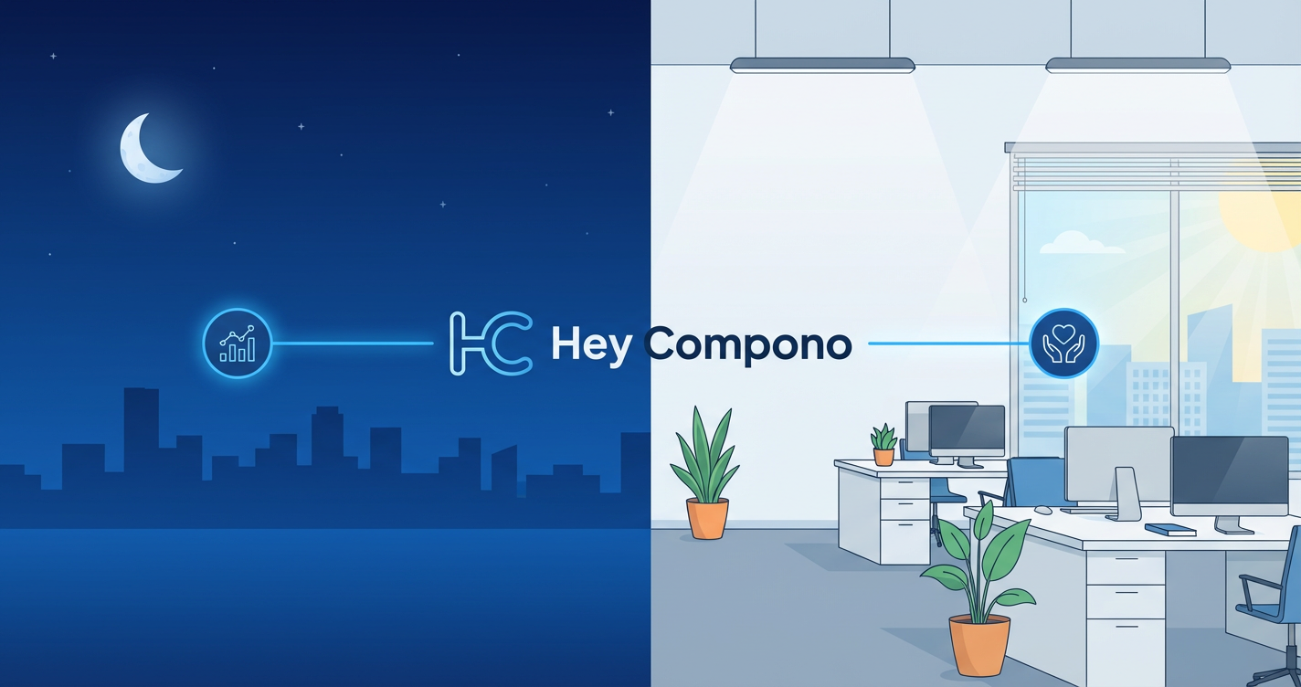 A modern, clean graphic showing a split screen: one side is a dark night sky with a moon, the other is a bright office set...