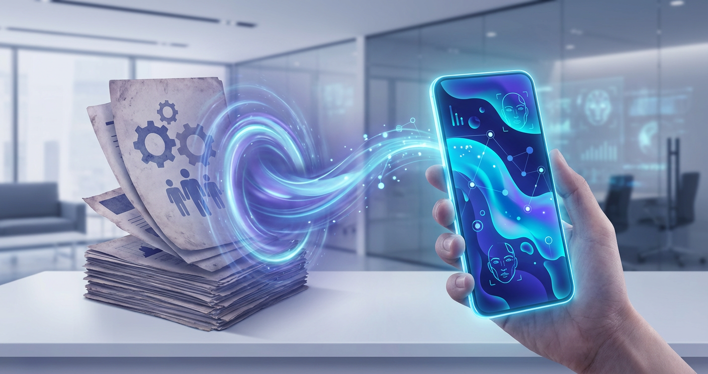 An illustration of a static, dusty paper personality report being replaced by a vibrant, liquid-like digital AI interface ...